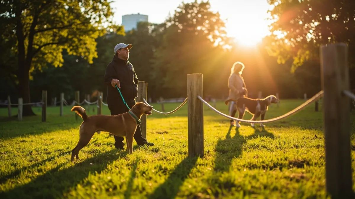Golden hour in a sunlit urban dog park. A single dog on a leash stands beside its attentive owner at the edge of a clearly defined boundary marked by a row of wooden posts linked with a thin rope. Lush green grass, dappled light through tall trees, soft blue sky. In the background, another pair with a dog enjoys the space, while a quieter, orderly atmosphere suggests shared etiquette. Rich greens, warm amber highlights, and gentle shadows create a calm, friendly mood with a focus on boundaries, control, and calm companionship.