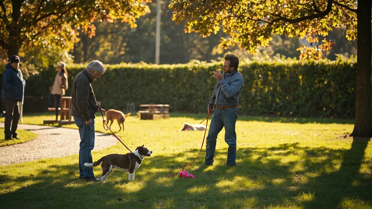 Photorealistic outdoor scene in a sunny urban dog park. Foreground features a medium-sized dog on a short leash standing alert, its coat a mix of browns and whites. Its owner stands to the left with a relaxed stance, eyes scanning the area. In the middle ground, a second dog on a short leash approaches at a calm distance as another owner stands back, clearly designated a lead watcher, watching intently. Nearby, a third dog lies down with a bright toy, its owner praising softly but not offering treats. The background reveals a curved gravel path, a wooden bench, and low hedges with tall trees overhead, casting warm golden light and dappled shadows across the grass. Mood is attentive, patient, and safety-focused, with a color palette of lush greens, warm ambers, and cool blues. Composition emphasizes space between dogs, balanced positioning, and vigilant body language; no text, signage, or screens visible.