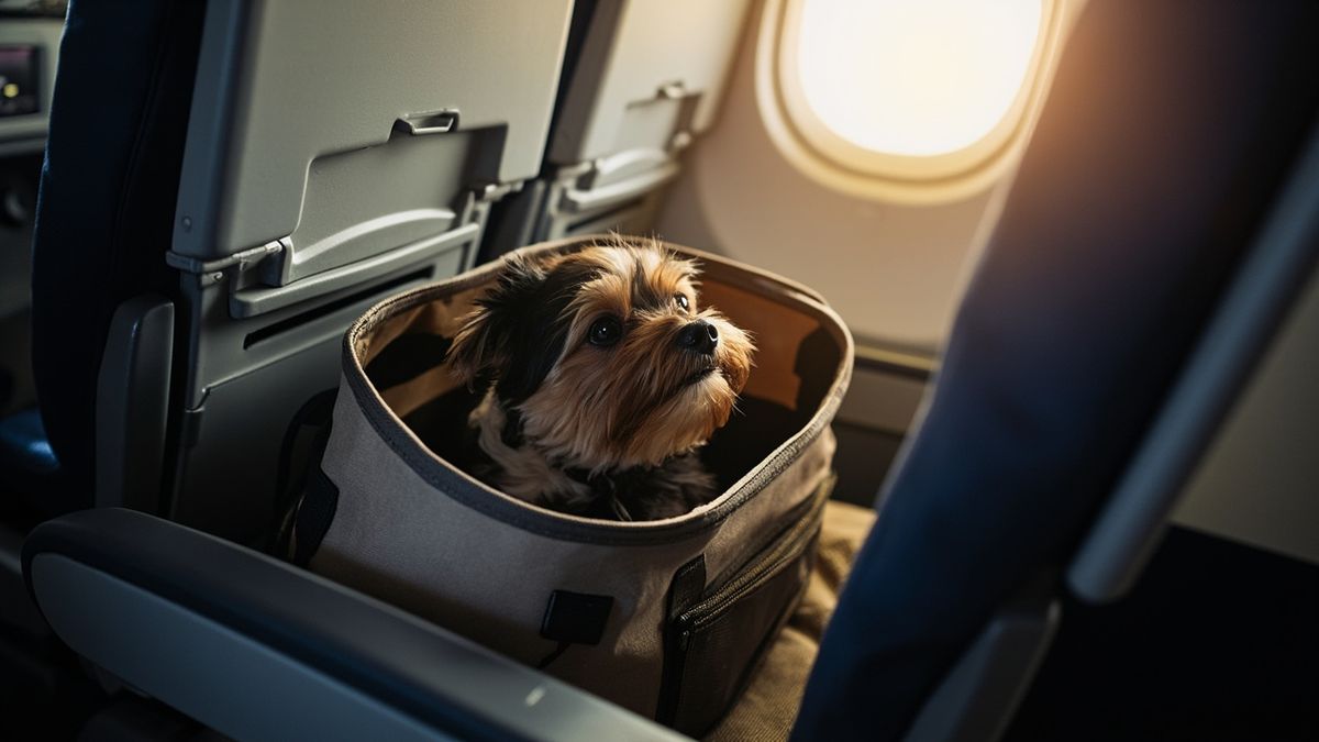 Small dog peeking out of a soft-sided airline pet carrier under an airplane seat