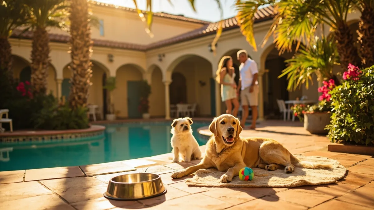 Wide-angle photographic illustration of a sunlit hotel courtyard in St. Augustine, Florida. Warm beige stucco walls with gentle arches and terracotta roof tiles frame a turquoise pool that catches palm shadows. In the foreground, a large golden retriever lounges on a sun-warmed outdoor rug beside a shiny metal water bowl; a small terrier peers at a colorful ball nearby. A couple in light summer clothes stands in the softly blurred background, smiling. Lush tropical plants—palms, bougainvillea, hibiscus—create a bright, welcoming frame around the scene. The lighting is golden hour, with long soft shadows and a calm, pet-friendly vibe. The composition emphasizes texture: warm pavers, glossy fur, smooth water, and leafy greenery.