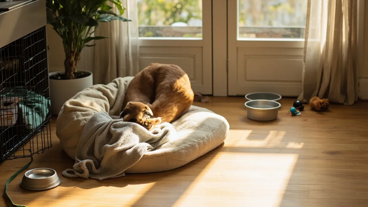 Photorealistic interior scene of a calm, dog-friendly space. A soft, oversized dog bed with a familiar blanket rests on a warm wooden floor beside an open crate. Nearby, collapsible bowls shimmer, and a few favorite toys peek from a quiet corner. Sunlight floods through a large window, casting gentle, elongated shadows and a warm glow across the room. A leash drapes over the bed edge, while a small potted plant adds a splash of green. The composition centers on serenity and routine: tidy, cozy, and welcoming for a stress-free stay with a dog. Textures emphasize plush fabric, smooth ceramic, weathered wood, and soft fur; colors include sandy beige, creamy ivory, muted teal, and natural greens. Mood: tranquil, organized, and homey, with a sense of calm anticipation for daily walks and peaceful rest.