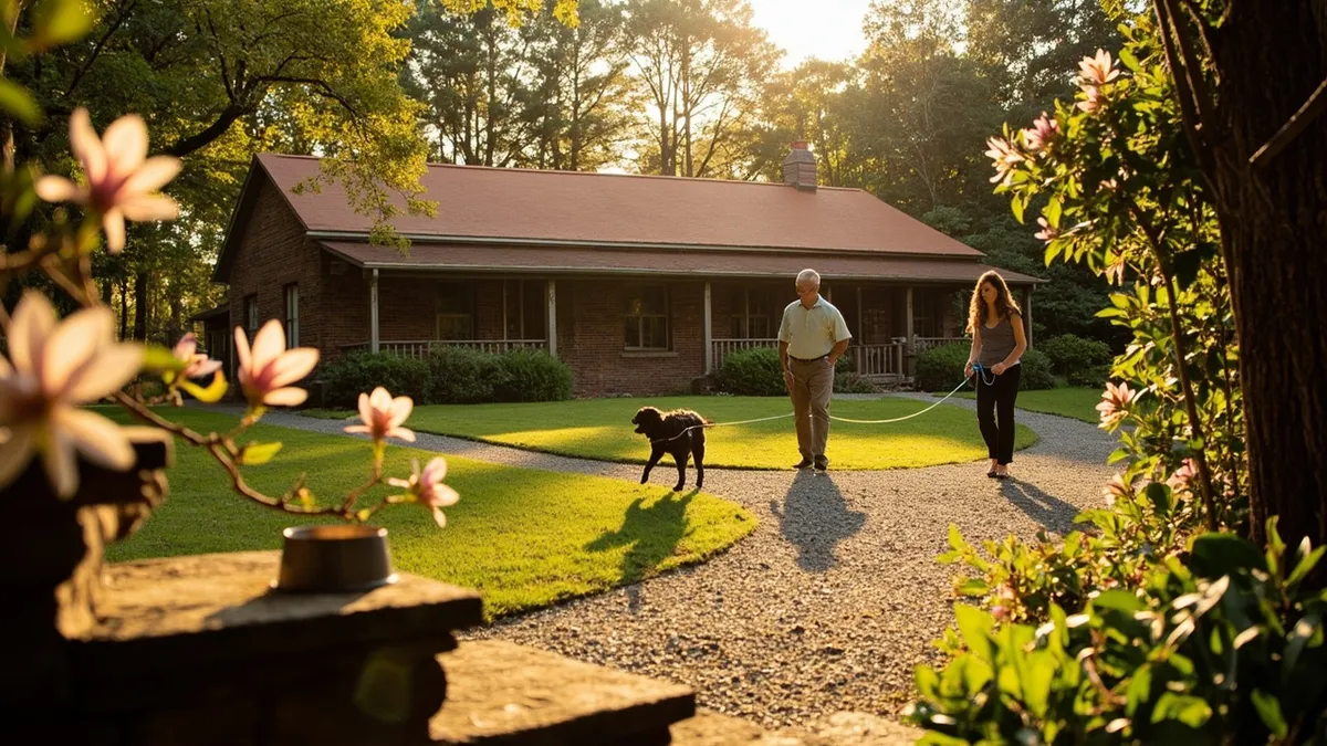 Golden hour scene of a pet-friendly Georgia inn. Wide-angle composition with a low brick building and wraparound wooden porch, terracotta roof, and large windows. A green lawn leads to a gravel path where a couple strolls with two dogs on gentle leashes. Foreground features a weathered stone step with a metal water bowl; blooming magnolias and azaleas frame the scene. Dappled sunlight filters through tall trees, creating warm, long shadows and a welcoming, relaxed mood. Textures of brick, wood, stone, lush grass, and glossy fur dominate, suggesting easy outdoor access and nearby parks.