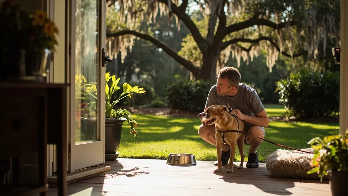 Soft morning light spills over a quiet Georgia hotel courtyard. A ground-floor suite opens directly to a small, sunlit lawn. A medium-sized dog with a warm tan coat on a sturdy leash stands near a textured wooden deck and a plush dog bed. The owner kneels beside the dog, offering reassurance as they prepare for a walk, both relaxed and attentive. Nearby, a shallow metal water bowl gleams in the sunlight, and a couple of potted plants frame the scene. Beyond the lawn, lush Georgia flora—live oaks with dangling Spanish moss, magnolias, and emerald shrubs—creates a green, inviting backdrop. The overall mood is calm, organized, and pet-friendly: earthy colors, soft shadows, and a sense of ready-to-explore outdoor access without barriers.