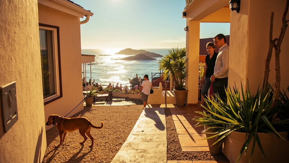 A photographic scene in a sunlit coastal hotel courtyard during golden hour. In the foreground, a friendly brown dog on a leash sniffs a textured gravel path beside a pale stucco wall. Nearby, a couple stands relaxed, casting soft shadows. The midground features a shaded patio with potted plants, a weathered wooden deck, and an open-air corridor leading toward the outdoors. Beyond, a bright blue ocean and distant rocky promontory glow under warm light, with gentle waves and a sandy beach visible. The overall palette includes warm beige walls, terracotta tiles, deep blue sea, and emerald-green plants. The mood is welcoming, calm, and pet-friendly, emphasizing easy outdoor access and a connection between hotel space and the natural coast.