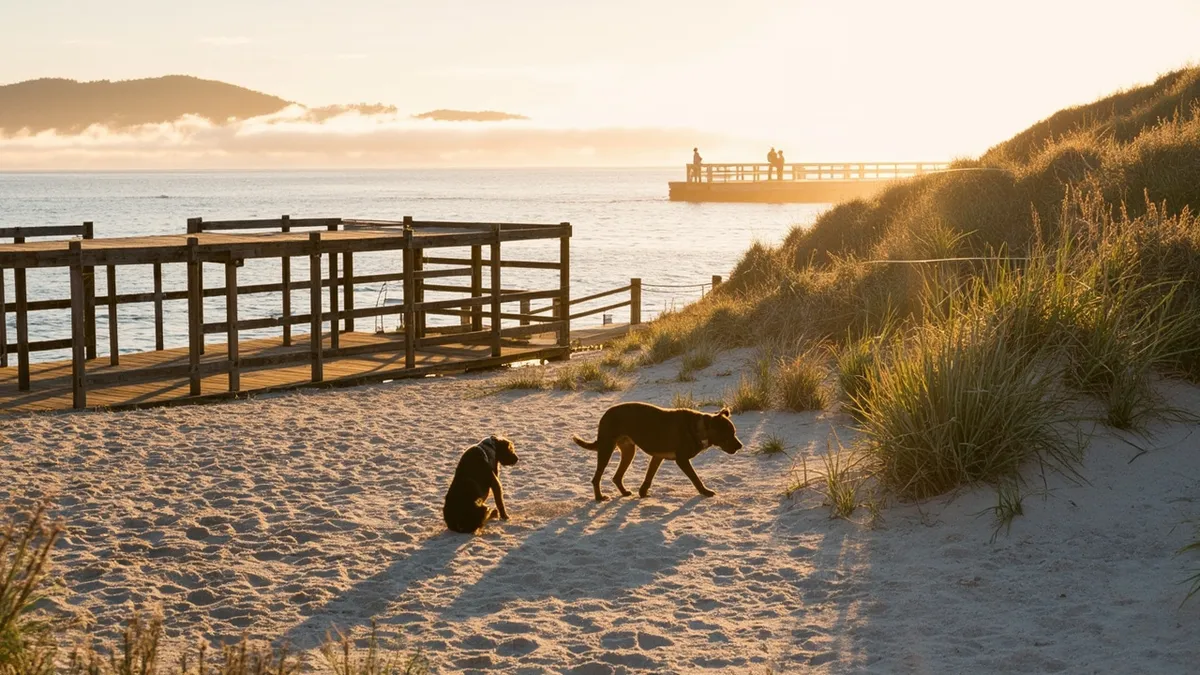 Golden hour coastal scene along a harbor edge: a weathered wooden pier extends into calm turquoise water; soft sea mist hovers over distant hills; the sky glows with warm orange and pale lavender tones. In the foreground, two dogs sniff through pale sand and tufts of beach grass, their coats catching the sun and long shadows stretching across the sand. A grassy bluff runs parallel to a wooden promenade where silhouettes of people stroll with leashed dogs. The textures of sunlit wood, smooth water, and salty air create a peaceful, welcoming mood.