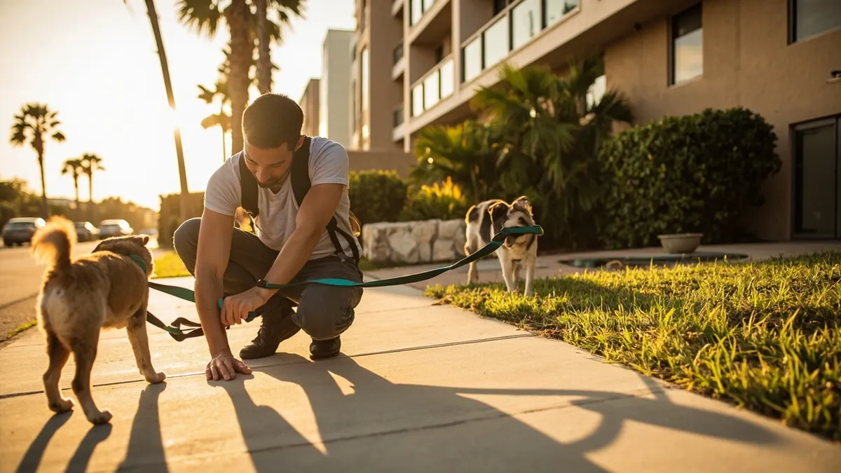 Golden-hour scene in Orlando: a quiet street lined with palm trees and a modern, neutral-colored hotel façade with balconies. A lush, pet-friendly courtyard behind the sidewalk features a small grassy relief area and a shallow water bowl. In the foreground, a casually dressed traveler kneels to attach a leash to a curious dog; another dog on a longer leash stands nearby, its tail wagging. Warm amber light casts long shadows across smooth concrete, grass, and stone textures. The mood is practical and inviting, suggesting a dog-friendly stay. Colors emphasize sandy beiges, soft greens, teal accents, and a clear blue sky. Composition uses a shallow depth of field, keeping the dogs and owner in sharp focus while the hotel fades softly in the background.