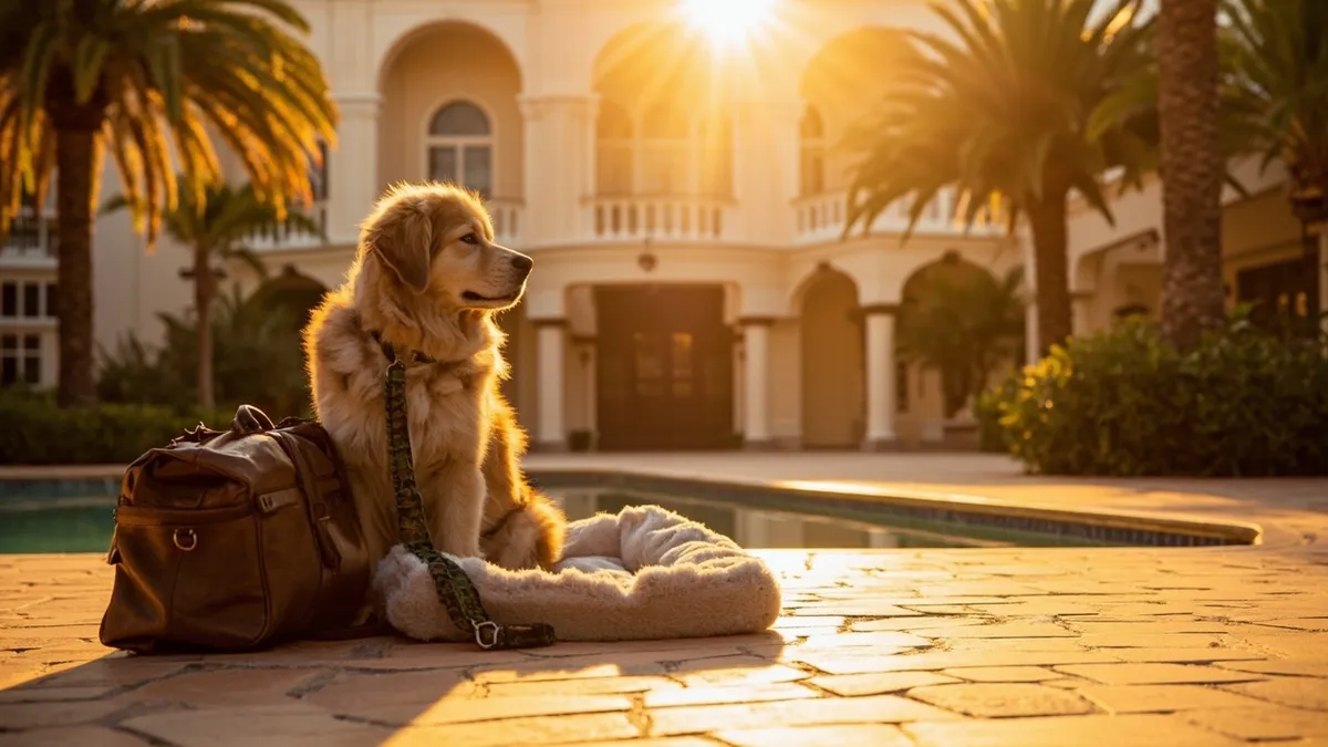 Photographic illustration of a sunlit Orlando hotel courtyard at golden hour. In the foreground, a calm large dog sits beside a worn leather travel bag and a plush pet bed resting on warm stone tiles. A leash drapes over the bag, suggesting a recent stay. The scene is bathed in soft amber light, with long, gentle shadows and a subtle pool reflection in the mid-ground. In the background, elegant palm trees frame a grand hotel facade with arches and columns. The mood is contemplative and budget-conscious, focusing on textures—fur, leather, fabric, stone, and water—without any signs or text. The composition uses shallow depth of field so the dog and luggage are in sharp focus while the building remains softly blurred.