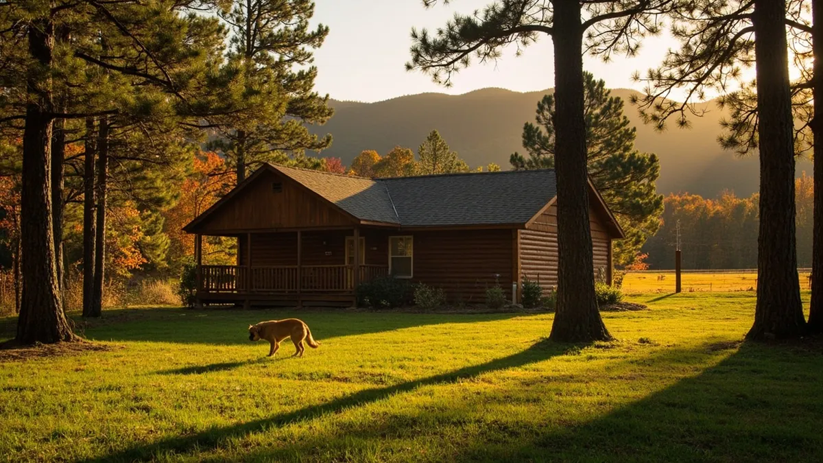A cozy wooden cabin nestled among tall pine trees in the Great Smoky Mountains during golden hour. The scene shows a rustic fenced yard with a happy medium-sized dog playing near the cabin&rsquo;s porch. Soft warm sunlight filters through the trees, casting dappled shadows on the lush green grass. The background features gentle mountain slopes with hints of fall foliage colors—orange, yellow, and red. The atmosphere is peaceful and inviting, evoking a perfect getaway for dog owners seeking nature and comfort.