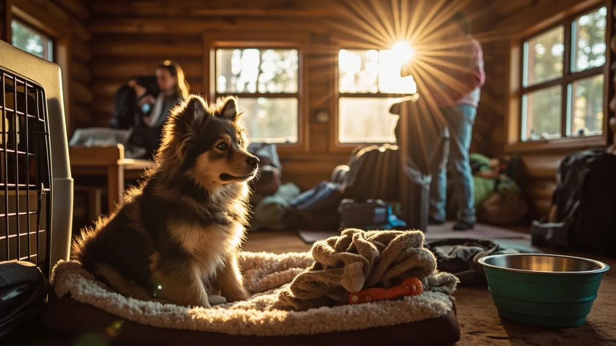A cozy log cabin interior with soft late afternoon sunlight streaming through the windows. In the foreground, a fluffy dog sits contentedly on a plush bed near its crate, with a water bowl, a familiar blanket, a chew toy, and a collapsible bowl arranged neatly nearby. The dog&rsquo;s humans can be seen in the background, unpacking bags in a relaxed, peaceful atmosphere. The scene is warm and inviting, highlighting thoughtful preparation and the comfort of both pet and travelers.