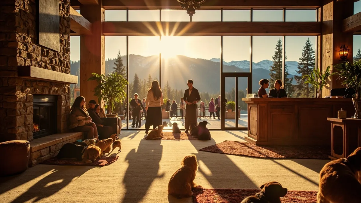 A warm, sunlit hotel lobby scene with a natural stone fireplace, sturdy wooden beams, plush area rugs, and lush potted plants. In the foreground, several dogs of varying sizes and breeds rest and explore on a soft carpet while guests in casual attire interact calmly with them. A friendly hotel staff member stands by a polished front desk, radiating welcoming energy. Large floor-to-ceiling windows reveal distant mountains with snow-capped peaks and evergreen trees, bathed in golden hour light. The color palette blends warm ambers and creams with deep browns, forest greens, and cool blue shadows, creating a cozy, inviting atmosphere that conveys dog-friendly hospitality. No signs, text, or lettering visible in the scene.