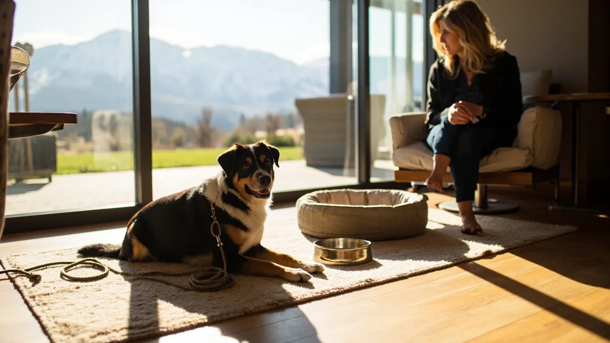 Sunlit hotel lobby scene with a calm medium-sized dog sitting on a plush beige rug beside a small dog bed, a shallow metal water bowl, and a neatly placed rope leash. A companion sits in a cushioned chair nearby, hands relaxed, suggesting careful planning. Floor-to-ceiling windows reveal a crisp outdoor view of green lawn in the foreground and distant snow-dusted mountains under a pale blue sky, hinting at easy outdoor relief for a dog. The room features warm wood floors, soft taupe walls, and natural textures like linen and wool; sunlight creates long, gentle shadows and a welcoming, orderly mood. Composition centers on the dog and pet setup in the foreground, with the expansive window view softly blurred to convey a serene, dog-friendly retreat.