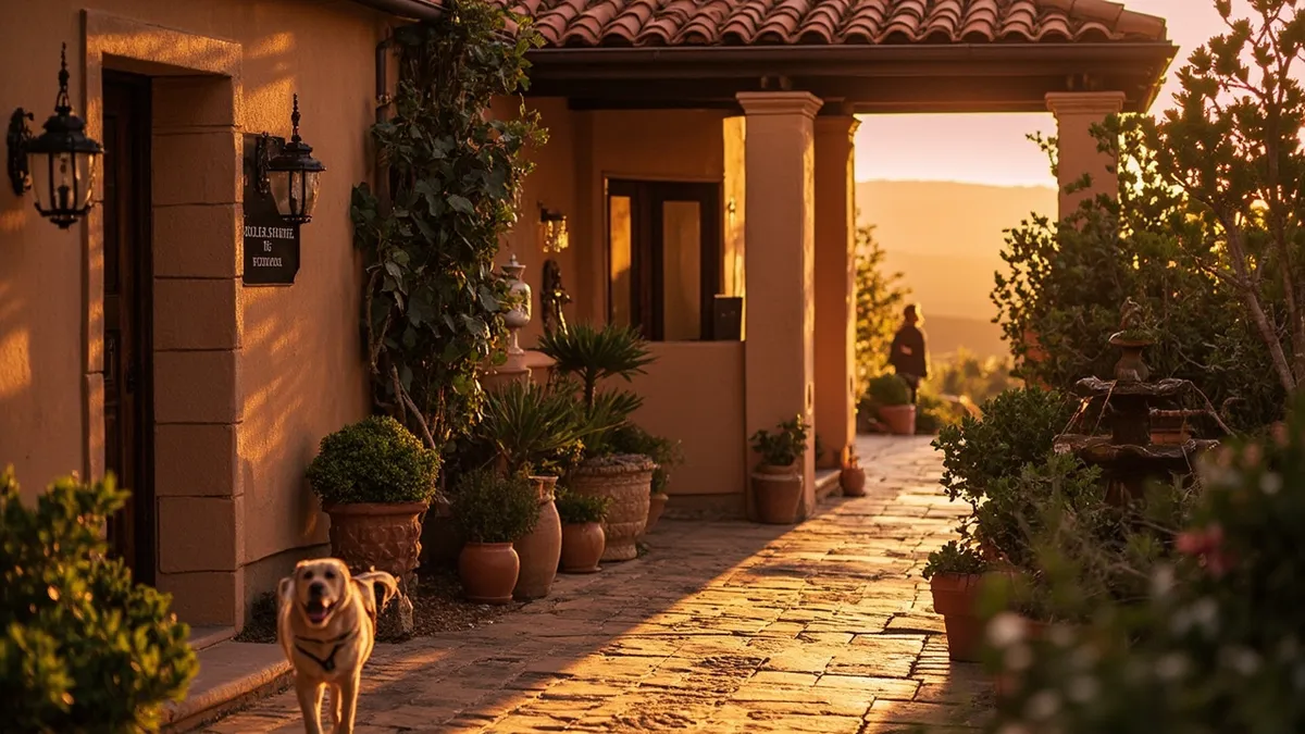 Golden-hour exterior of a boutique hotel with warm tan stucco walls and terracotta roof tiles, a welcoming wooden doorway framed by lush potted plants and a small fountain nearby, a friendly dog on a leash at the threshold with its traveler owner standing close behind, a cobblestone path guiding to the entrance, soft garden blur in the background, warm amber light and a pink sky, long soft shadows, rich textures of wood, stone, and ceramic planters, mood of calm anticipation for a pet-friendly stay in a sunlit travel scene.