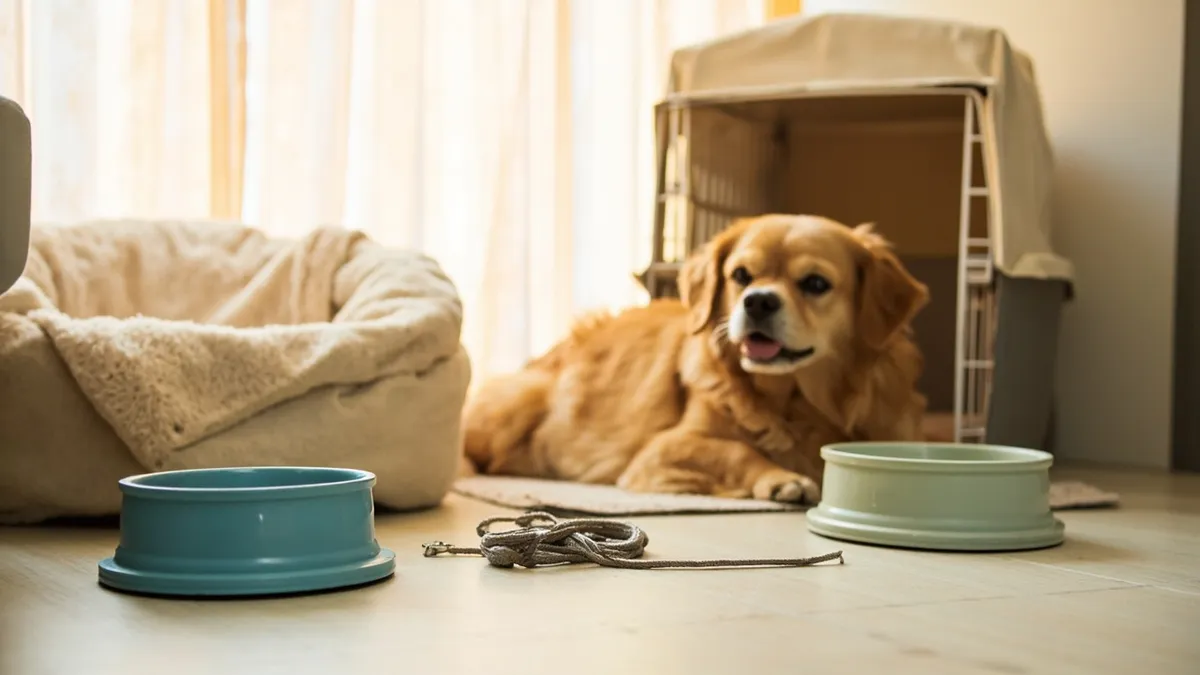 A sunlit hotel room corner prepared for a dog&rsquo;s stay. Warm morning light filters through sheer curtains onto a plush beige dog bed with a soft blanket. An open small crate sits nearby. On the pale wooden floor in the foreground, two collapsible bowls—one blue, one sage-green—rest beside a coiled leash and a simple collar. A light travel mat marks a designated dining/sleeping space, and a content, medium-sized dog with golden-brown fur lounges near the crate, eyes calm, ears relaxed. The palette features creams, taupes, warm honey tones, and soft blues; textures include fleece, canvas, and polished wood. Composition emphasizes balance: dog on the right, crate on the left, bowls in the foreground; shallow depth of field keeps the scene intimate and inviting, with a tranquil, organized mood.