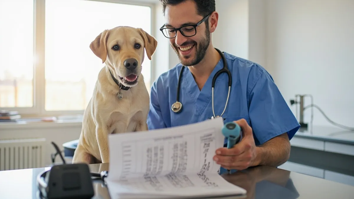 A veterinarian examining a dog while reviewing vaccination records and travel health documents on a clean examination table