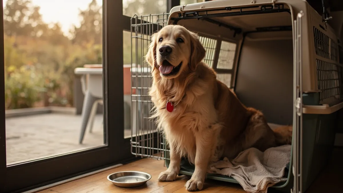 A golden retriever sitting calmly inside an airline travel crate with a water dish and blanket, warm indoor lighting