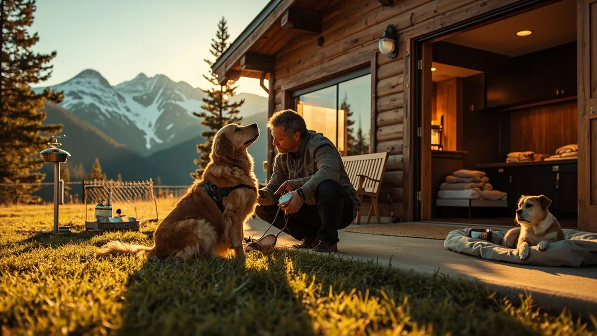 Photorealistic, cinematic photograph of a travel couple outside a rustic mountain lodge at golden hour. Foreground: low-angle view focusing on a large golden retriever sitting patiently while a woman crouches, adjusting a harness; a small terrier rests on a portable padded dog bed beside a man who holds their leash. Midground: a tidy, fenced grassy pet relief area with a stainless water fountain and a bench, a discreet waste-bag dispenser with no markings, and an open patio door revealing a cozy room interior with two pet beds, stainless bowls on a woven mat, and neatly folded pet towels on a wooden bench. Background: towering pine trees and snow-capped alpine peaks under a clear cool-blue sky. Lighting: warm amber side light creating soft rim highlights on fur, long gentle shadows, warm-cool color contrast between golden light and cool mountain blues. Composition: rule-of-thirds placement, shallow depth of field with crisp detail on fur textures, fabric weaves, wood grain and metal bowls, soft bokeh in the distant peaks; atmosphere calm, prepared, welcoming, outdoorsy.