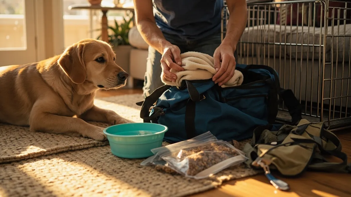 Photorealistic interior scene of a calm pre-trip packing moment: a warm, sunlit living room with golden morning light streaming through a large window, soft shadows and dust motes visible. In the foreground, a mid-sized friendly dog (golden-brown coat) sits attentively on a textured woven rug, ears perked, looking toward the hands of their owner. The owner, cropped at the shoulders to keep focus on the activity, kneels and gently places a familiar soft dog blanket into an open navy canvas duffel on the hardwood floor. Nearby, a folded lightweight metal-framed soft crate leans against a sofa, a collapsible silicone travel bowl (turquoise) popped open beside a clear airtight container filled with dry kibble and several transparent zip-top bags with measured portions laid neatly. A coiled leash and a padded harness rest within arm’s reach, along with a small canvas first-aid pouch and a microchipped collar with a plain metal tag. Composition uses the rule of thirds: dog slightly left of center, duffel and hands on the right, crate and sofa creating depth. Shallow depth of field with crisp focus on the hands packing and the dog’s face, soft bokeh in the background. Color palette of warm wood tones, soft neutrals, teal accents; textures emphasized—soft fleece blanket, nylon duffel, metal crate bars, hardwood grain. Mood: organized, reassuring, stress-free preparation for travel with a pet.