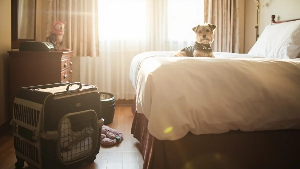 A cozy hotel room scene with a small dog sitting on a neatly made bed. In the foreground, a medium-sized suitcase sits open, and a pet carrier is beside it. Soft daylight streams in through a window, casting a gentle, inviting glow across the room. Nearby, a water bowl and a plush toy rest on the floor. The setting conveys a welcoming, pet-friendly atmosphere, emphasizing comfort and care for traveling with pets.