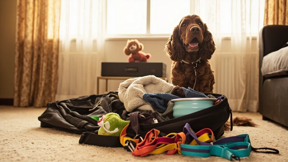 A well-groomed spaniel sits patiently beside an open travel duffel bag overflowing with pet essentials: a soft crate, a neatly folded towel, a set of colorful leashes, a collapsible water bowl, and a favorite plush toy. The scene takes place in a warmly lit, welcoming hotel room with clean, neutral decor and soft carpeting. Natural daylight streams through a window, highlighting the cheerful atmosphere. The overall mood is calm, organized, and inviting, emphasizing a stress-free pet travel experience.